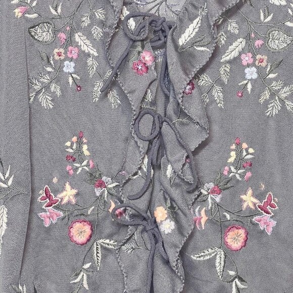 J Jill Sheer Blouse Ruffle Tie Front Cardigan Embroidered Flower Dainty Feminine - Picture 6 of 10